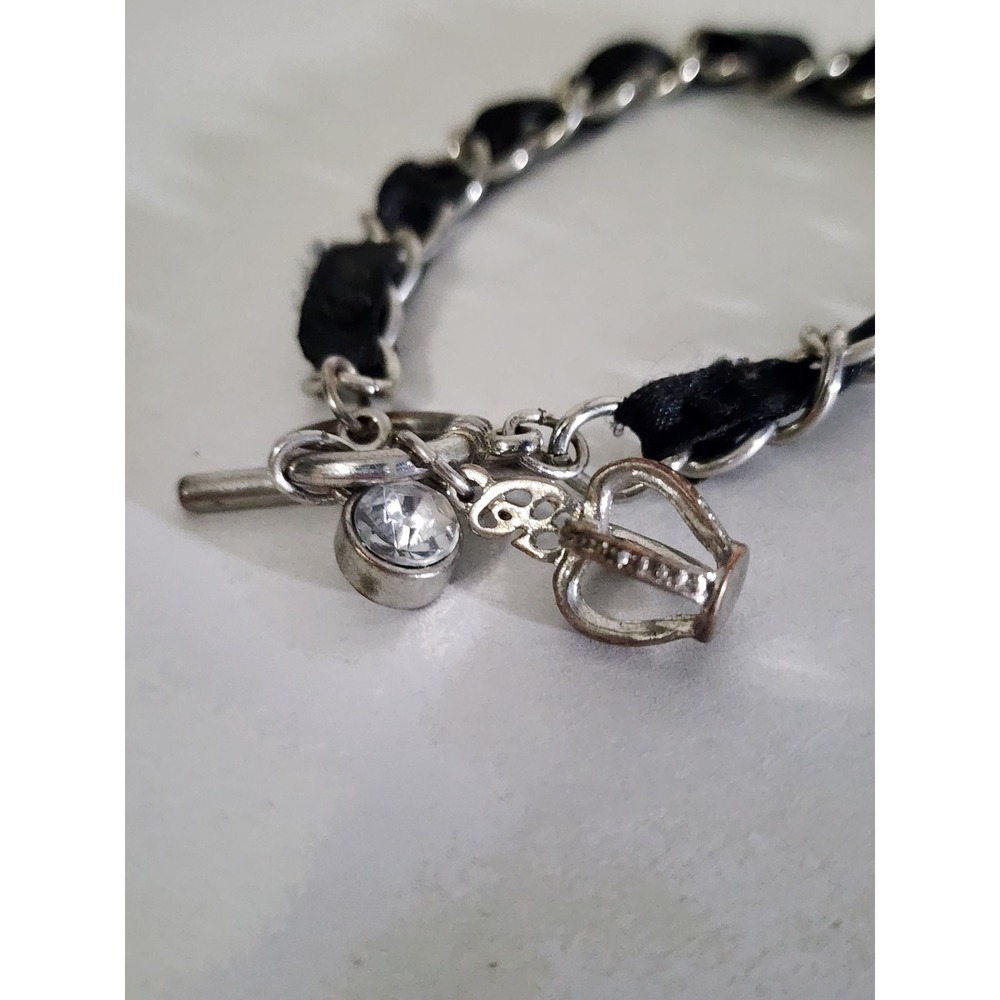 Juicy Couture Silver Tone Black Velvet Chain Bracelet Crown Rhinestone Charms